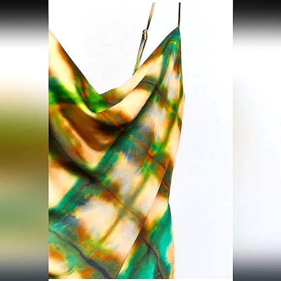ZARA SATIN COWL NECK GREEN & GOLD SLIP MIDI DRESS SIZE SMALL - Picture 8 of 15